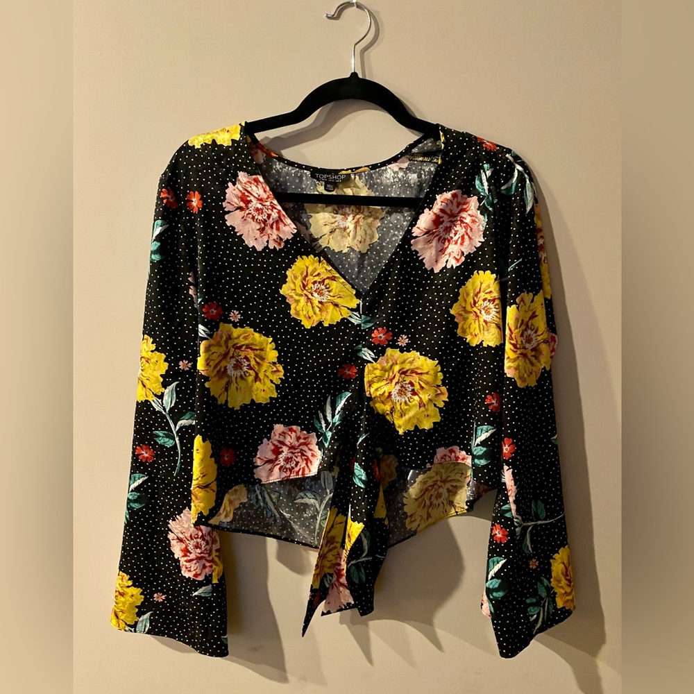 Top shop Satin-feel crop tie blouse with flare sleeves
